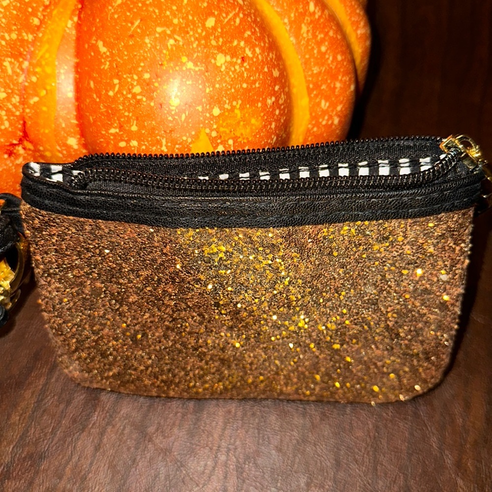 Betsy Johnson NWT Gold Glitter Wristlet. Make-up or coin purse.